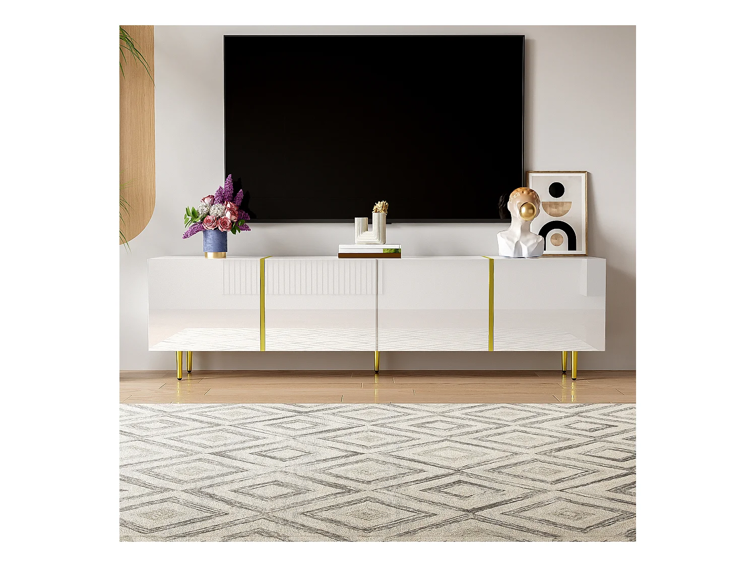 Meuble TV blanc haut brillant à 4 portes, design moderne et simple, MDF, 170x35x46cm