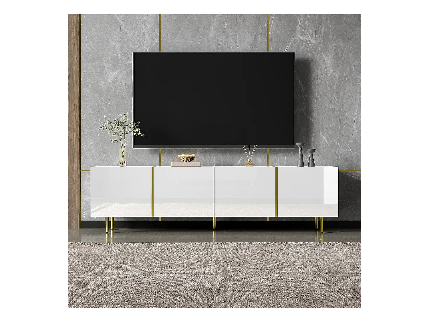 Meuble TV blanc haut brillant à 4 portes, design moderne et simple, MDF, 170x35x46cm