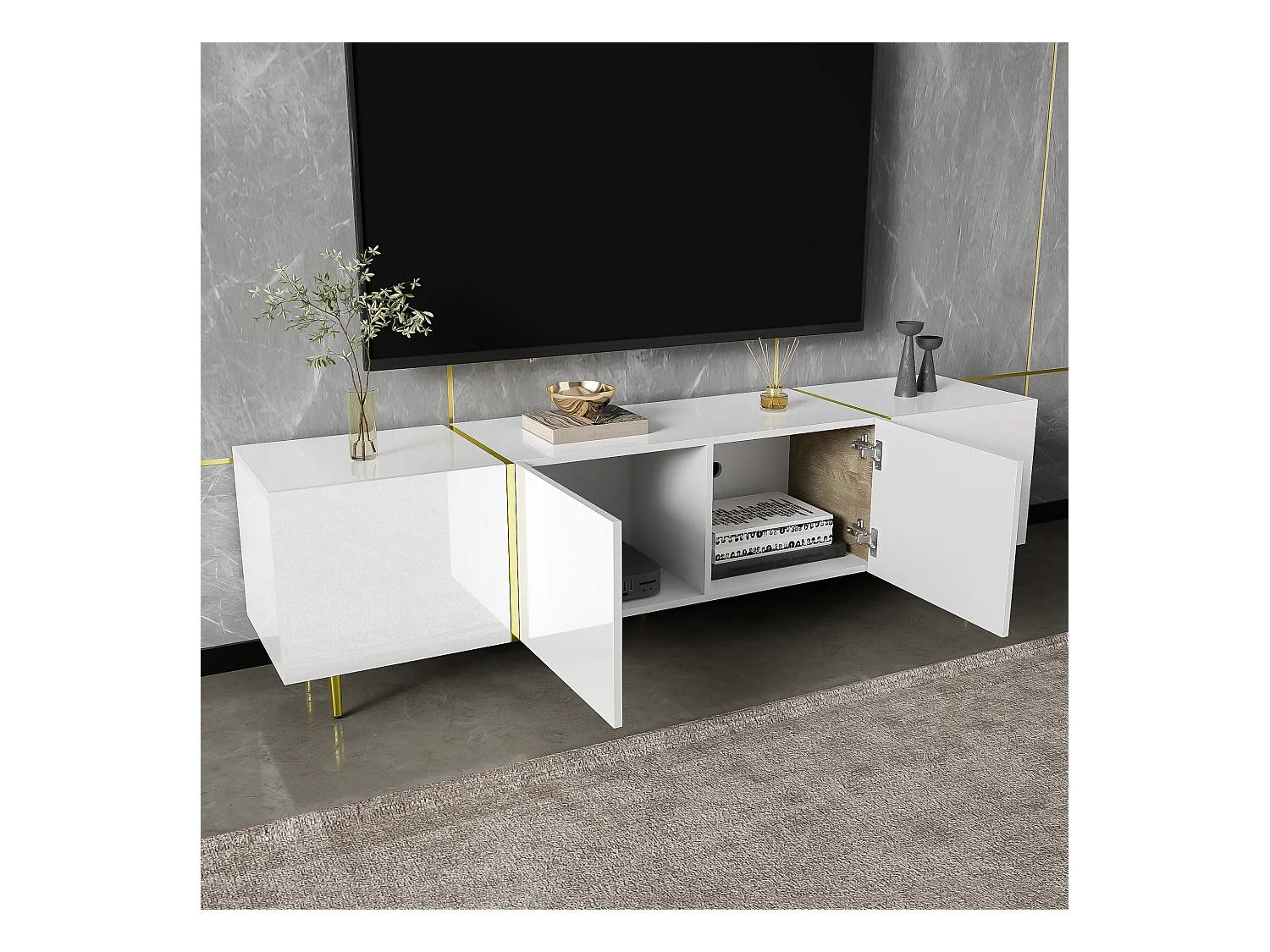 Meuble TV blanc haut brillant à 4 portes, design moderne et simple, MDF, 170x35x46cm