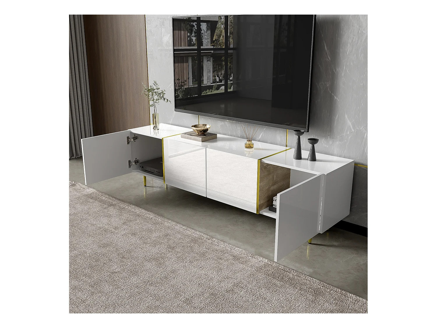 Meuble TV blanc haut brillant à 4 portes, design moderne et simple, MDF, 170x35x46cm