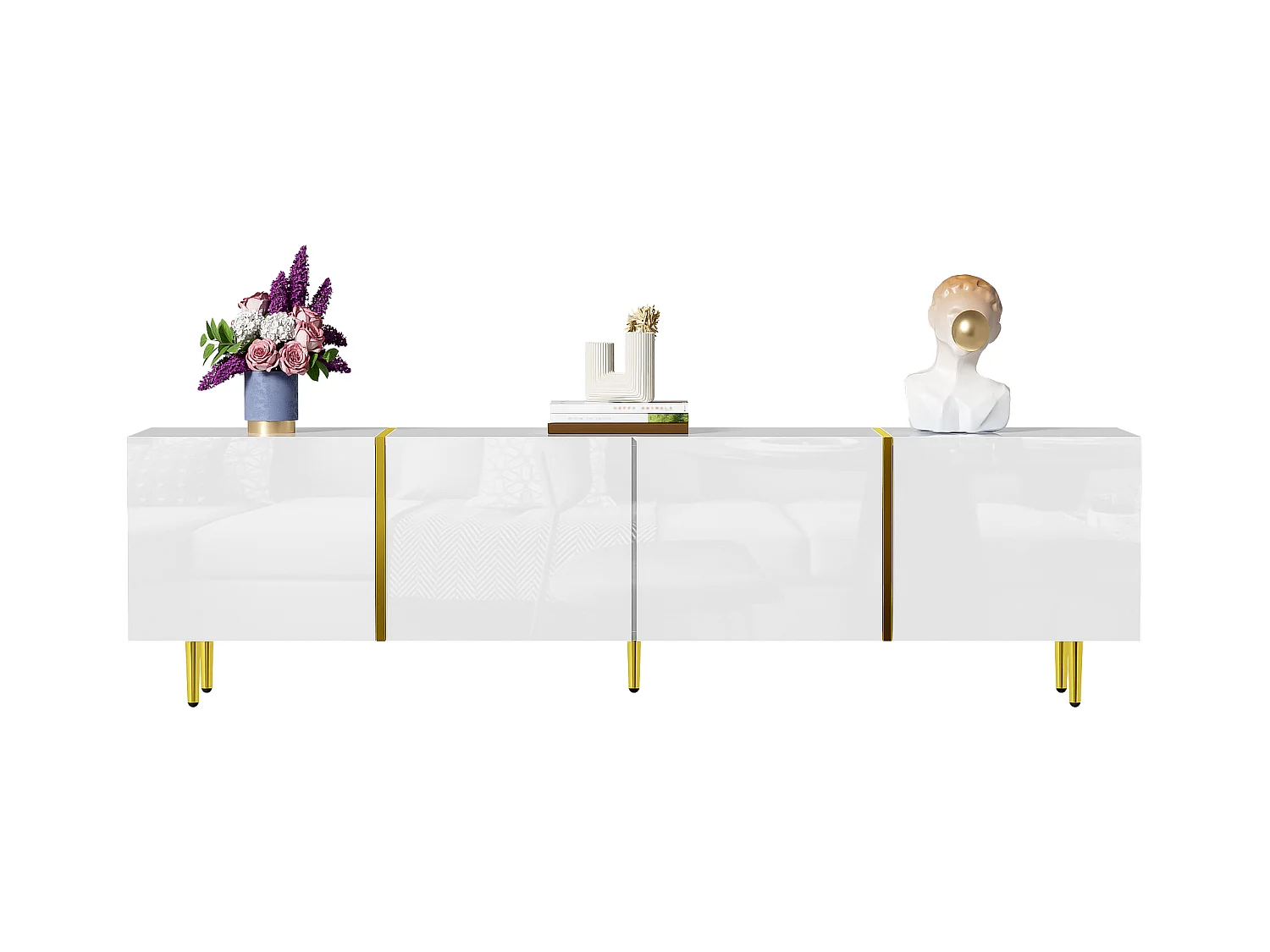 Meuble TV blanc haut brillant à 4 portes, design moderne et simple, MDF, 170x35x46cm