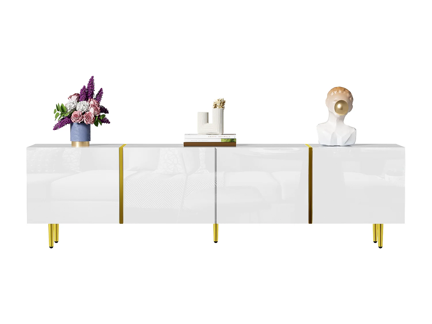 Meuble TV blanc haut brillant à 4 portes, design moderne et simple, MDF, 170x35x46cm