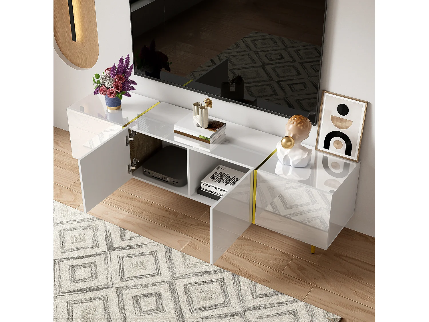 Meuble TV blanc haut brillant à 4 portes, design moderne et simple, MDF, 170x35x46cm