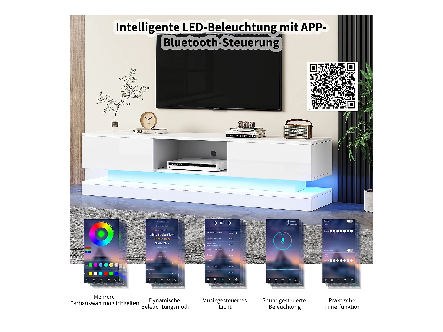 Meuble TV Haut Brillant, LED, 160cm, 2 tiroirs, Contrôle via application, Design Anti-basculement, Blanc (160x35x40.5cm)