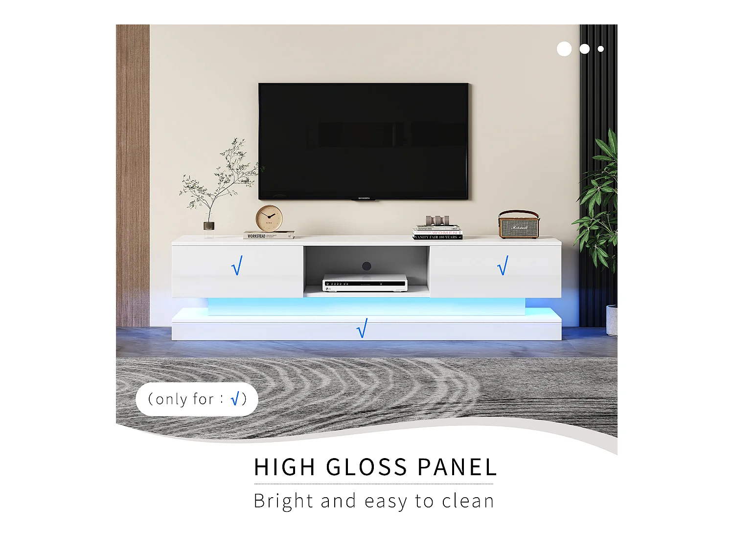 Meuble TV Haut Brillant, LED, 160cm, 2 tiroirs, Contrôle via application, Design Anti-basculement, Blanc (160x35x40.5cm)