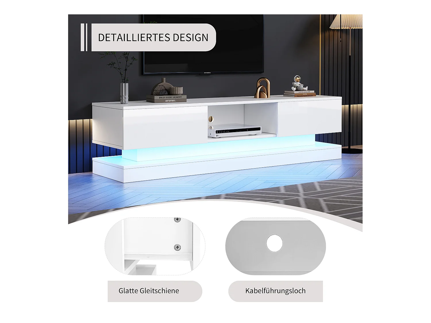 Meuble TV Haut Brillant, LED, 160cm, 2 tiroirs, Contrôle via application, Design Anti-basculement, Blanc (160x35x40.5cm)