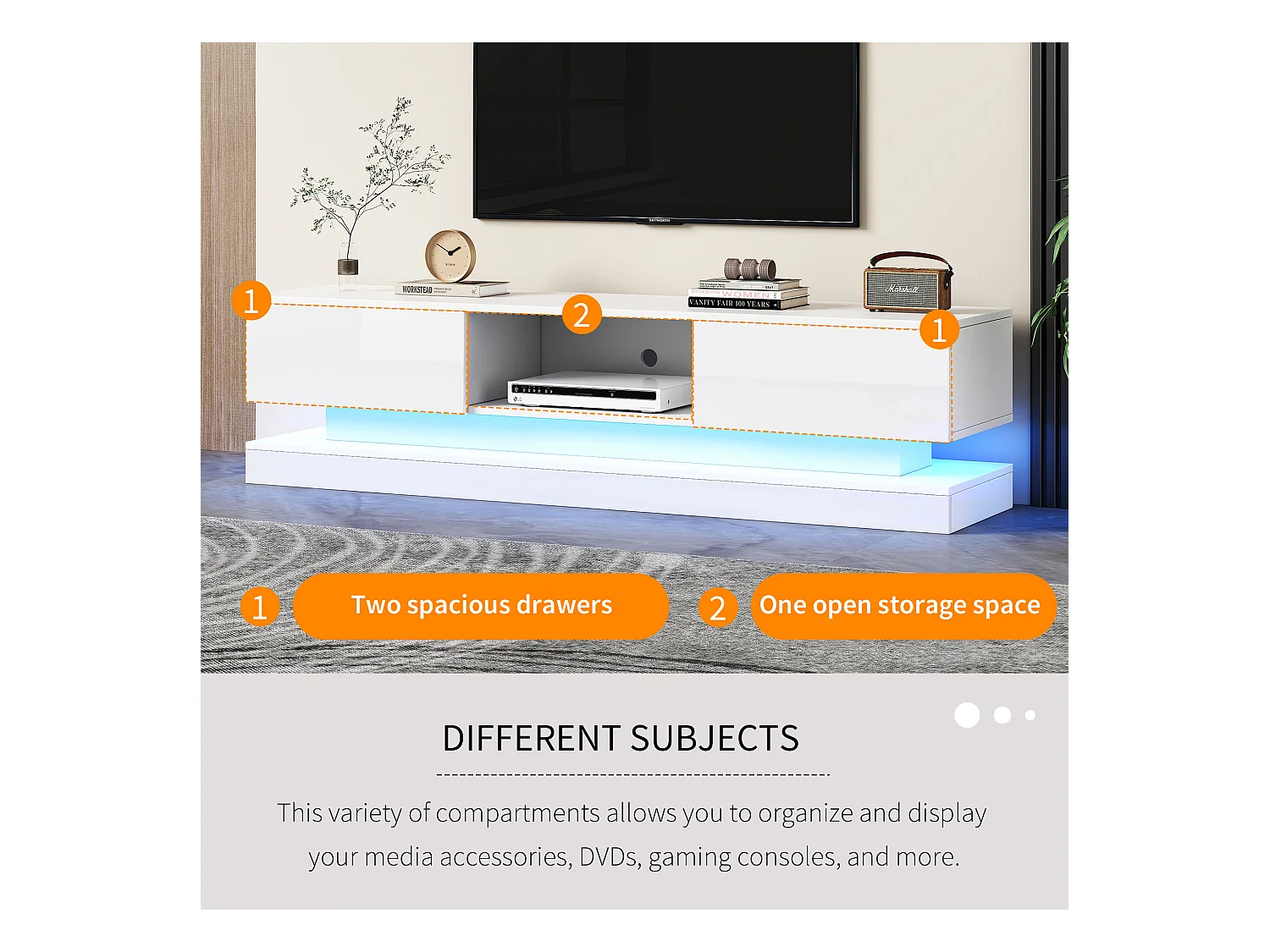 Meuble TV Haut Brillant, LED, 160cm, 2 tiroirs, Contrôle via application, Design Anti-basculement, Blanc (160x35x40.5cm)