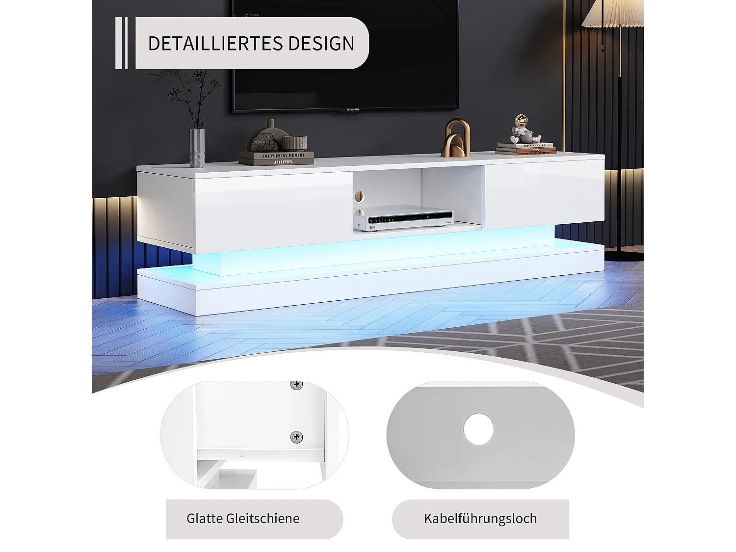 Meuble TV Haut Brillant, LED, 160cm, 2 tiroirs, Contrôle via application, Design Anti-basculement, Blanc (160x35x40.5cm)
