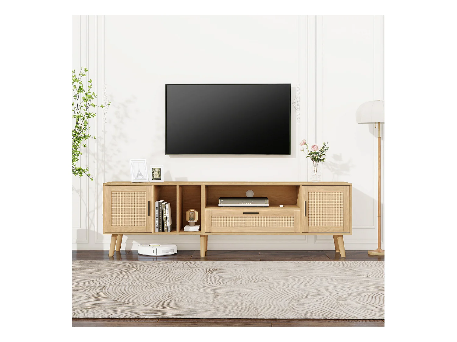 Meuble TV 180cm avec Décoration en Rattan, 2 Portes et 1 Tiroir, Pieds en Bois Massif, Convient pour Téléviseur 80 pouces (180x40x54cm)
