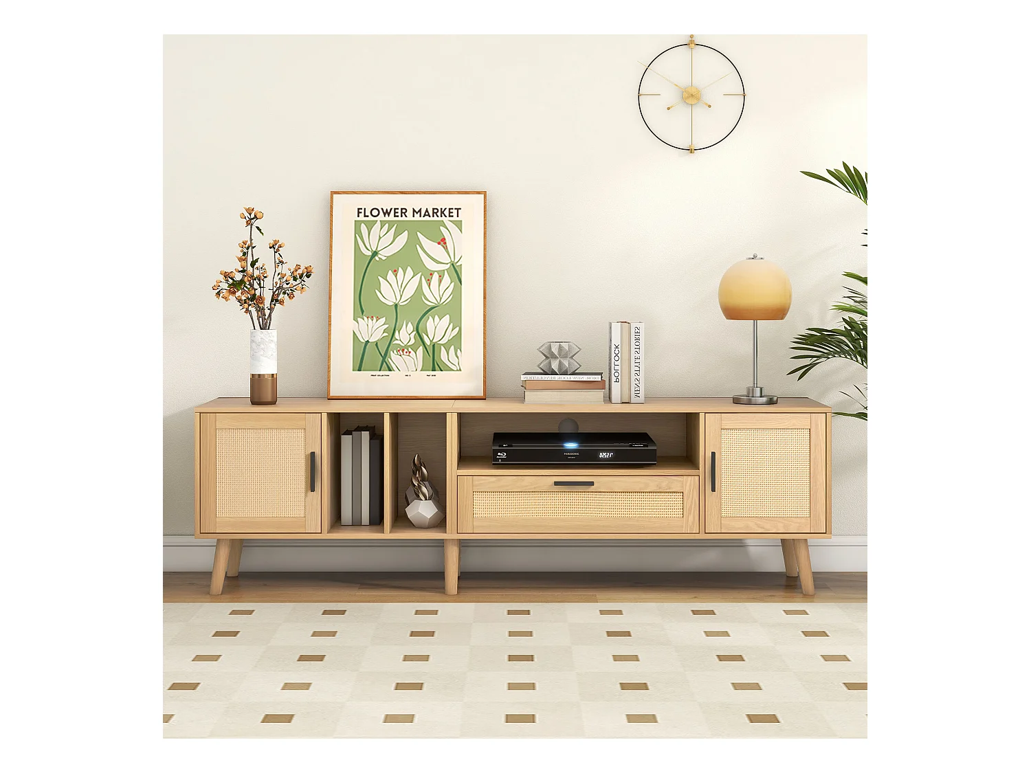 Meuble TV 180cm avec Décoration en Rattan, 2 Portes et 1 Tiroir, Pieds en Bois Massif, Convient pour Téléviseur 80 pouces (180x40x54cm)