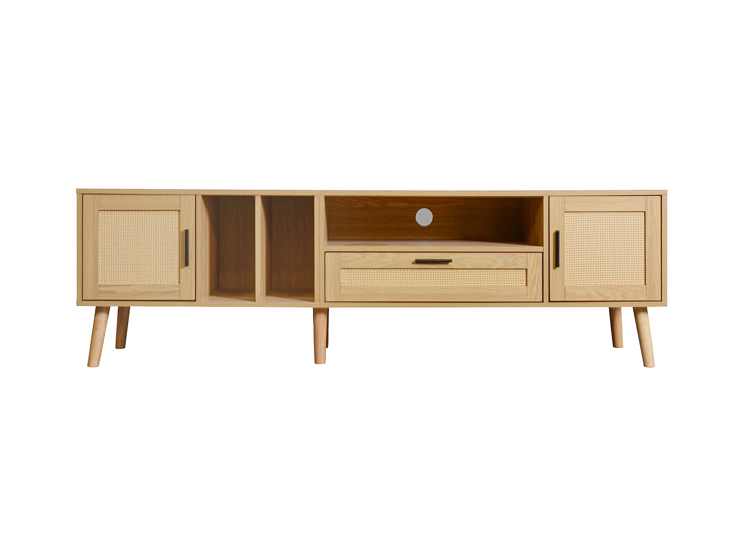 Meuble TV 180cm avec Décoration en Rattan, 2 Portes et 1 Tiroir, Pieds en Bois Massif, Convient pour Téléviseur 80 pouces (180x40x54cm)