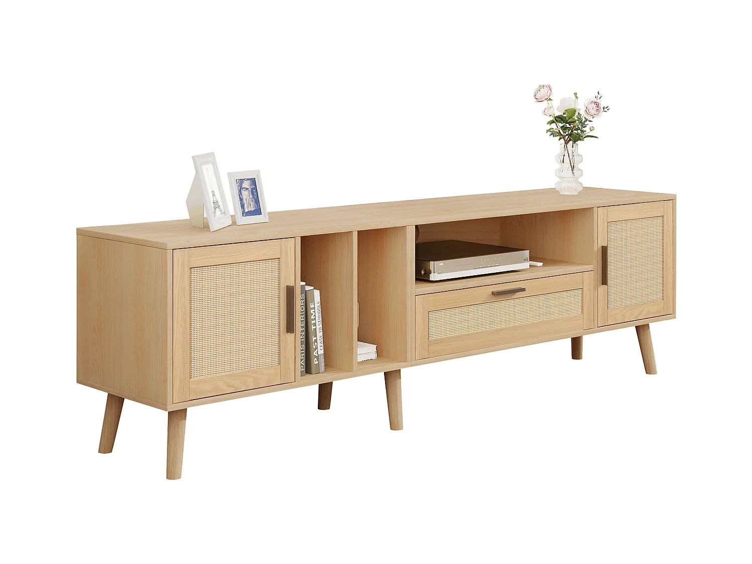 Meuble TV 180cm avec Décoration en Rattan, 2 Portes et 1 Tiroir, Pieds en Bois Massif, Convient pour Téléviseur 80 pouces (180x40x54cm)
