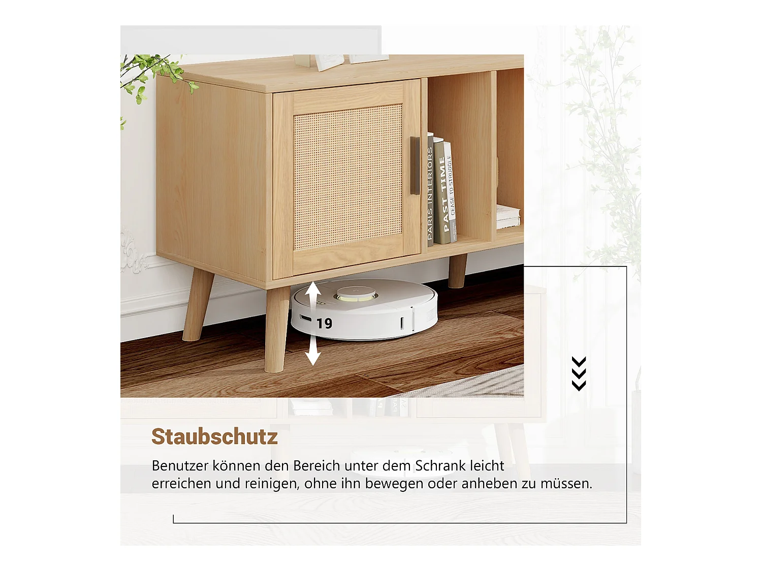 Meuble TV 180cm avec Décoration en Rattan, 2 Portes et 1 Tiroir, Pieds en Bois Massif, Convient pour Téléviseur 80 pouces (180x40x54cm)