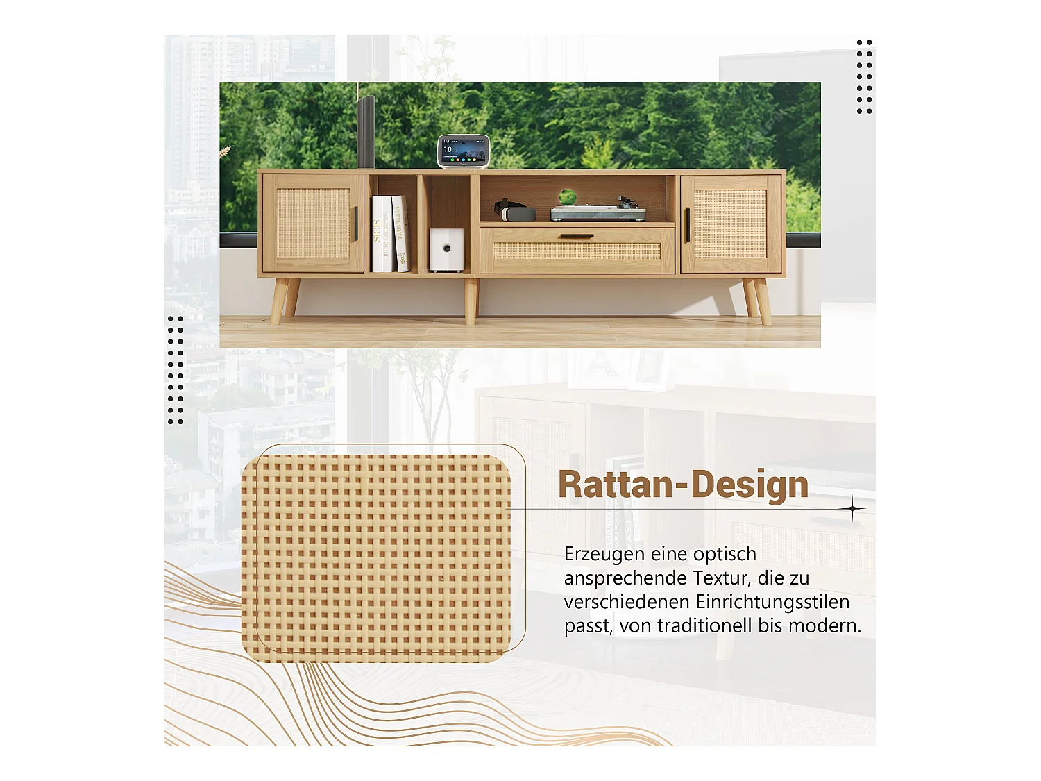 Meuble TV 180cm avec Décoration en Rattan, 2 Portes et 1 Tiroir, Pieds en Bois Massif, Convient pour Téléviseur 80 pouces (180x40x54cm)