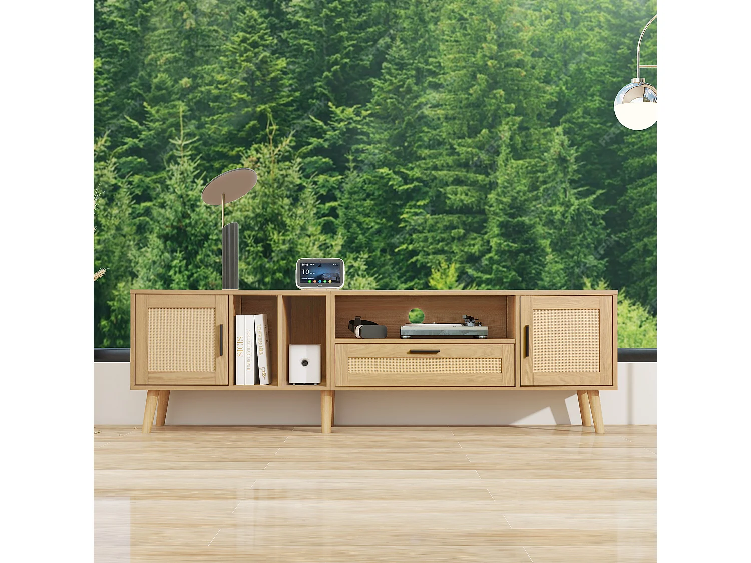 Meuble TV 180cm avec Décoration en Rattan, 2 Portes et 1 Tiroir, Pieds en Bois Massif, Convient pour Téléviseur 80 pouces (180x40x54cm)