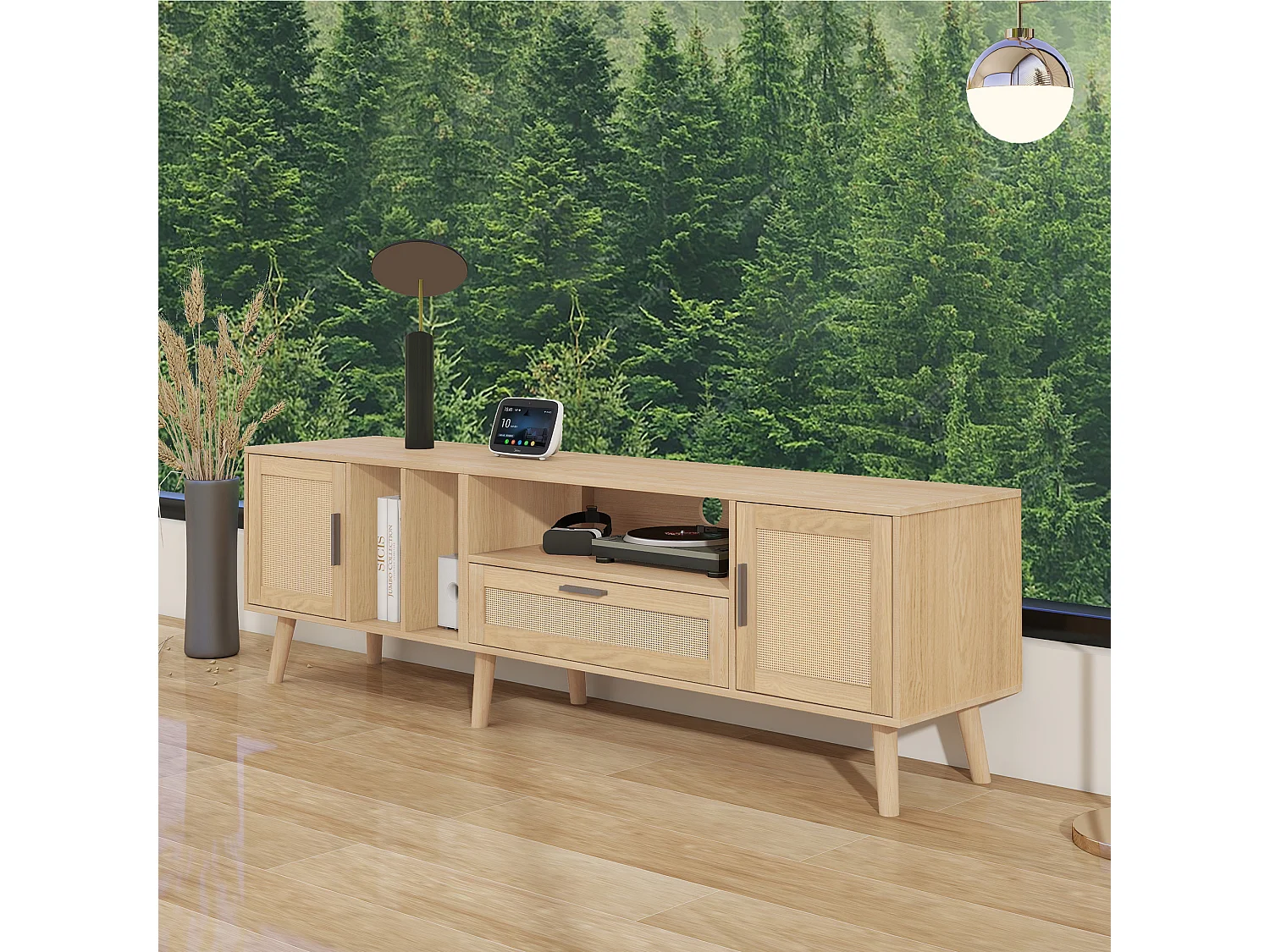 Meuble TV 180cm avec Décoration en Rattan, 2 Portes et 1 Tiroir, Pieds en Bois Massif, Convient pour Téléviseur 80 pouces (180x40x54cm)