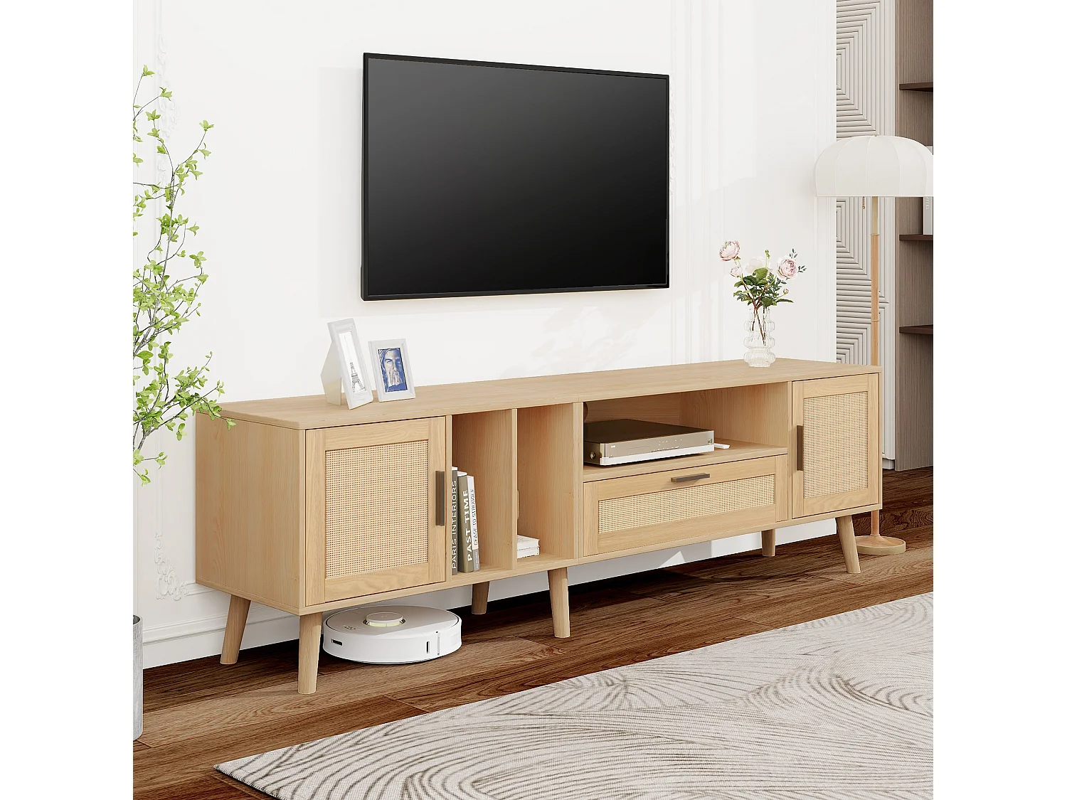 Meuble TV 180cm avec Décoration en Rattan, 2 Portes et 1 Tiroir, Pieds en Bois Massif, Convient pour Téléviseur 80 pouces (180x40x54cm)