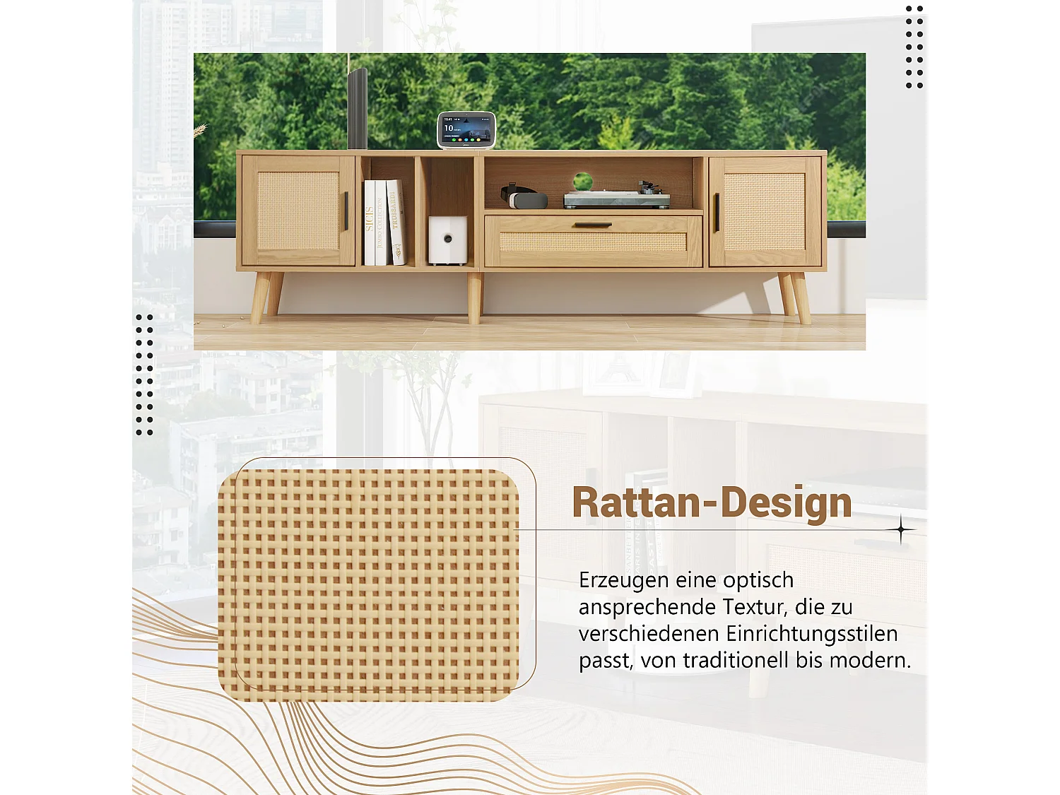 Meuble TV 180cm avec Décoration en Rattan, 2 Portes et 1 Tiroir, Pieds en Bois Massif, Convient pour Téléviseur 80 pouces (180x40x54cm)