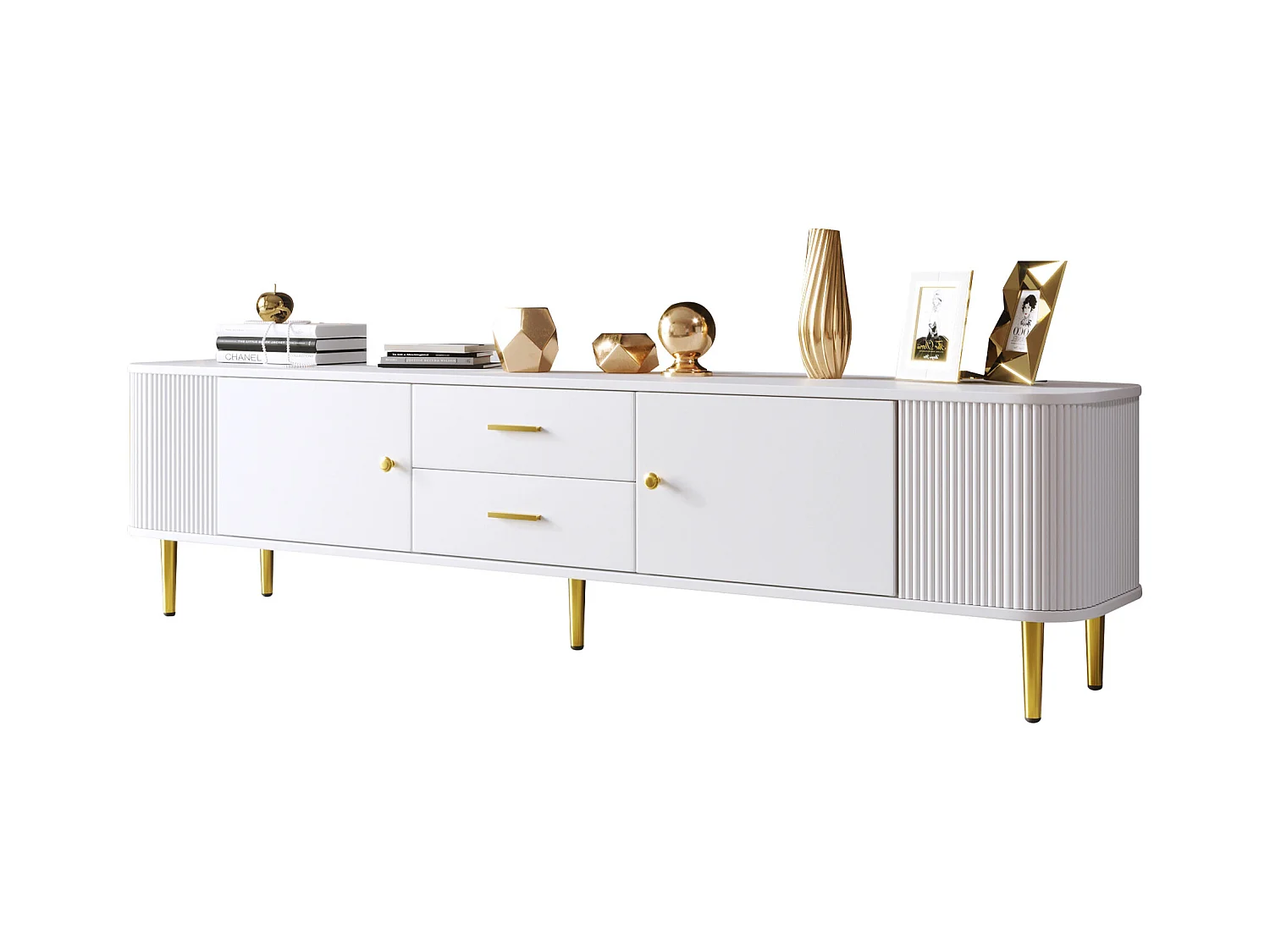 Meuble TV avec 2 tiroirs et 2 portes, design élégant avec coins arrondis, MDF, blanc (170x34x45cm)