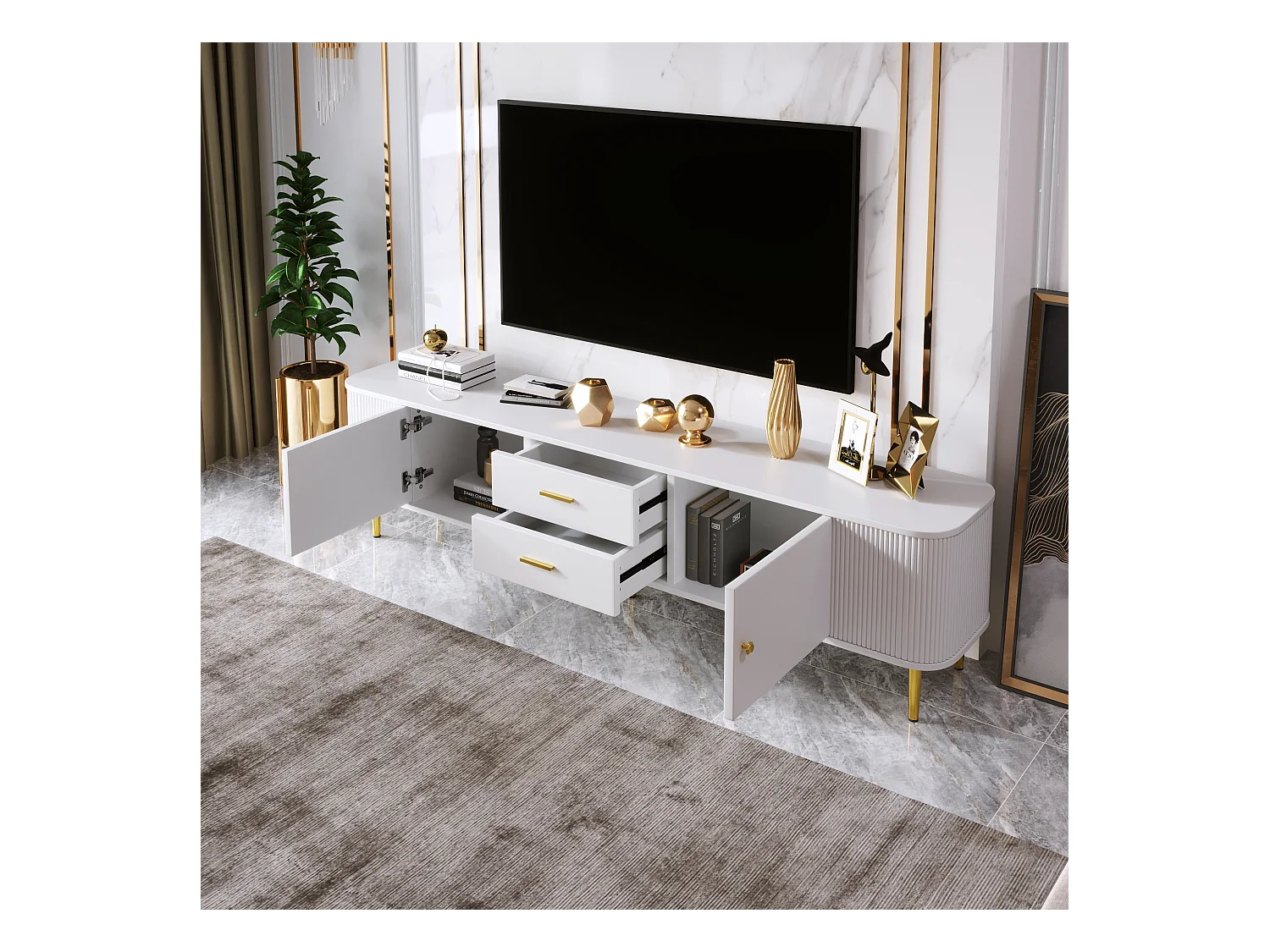 Meuble TV avec 2 tiroirs et 2 portes, design élégant avec coins arrondis, MDF, blanc (170x34x45cm)