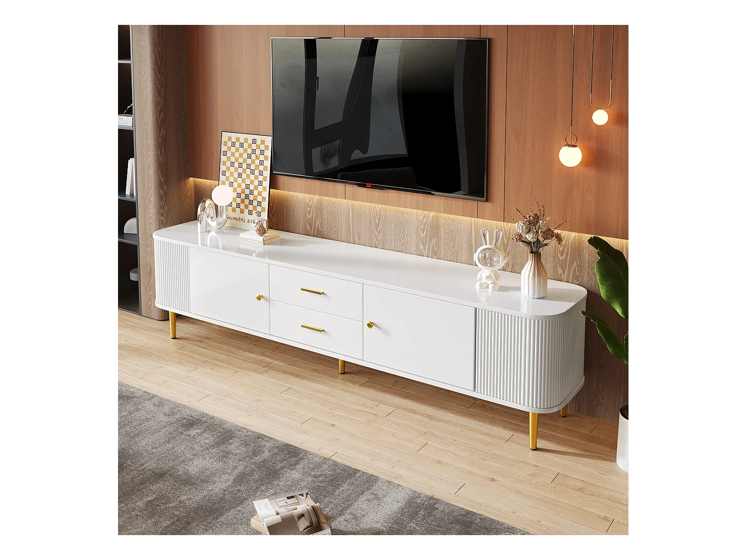 Meuble TV avec 2 tiroirs et 2 portes, design élégant avec coins arrondis, MDF, blanc (170x34x45cm)