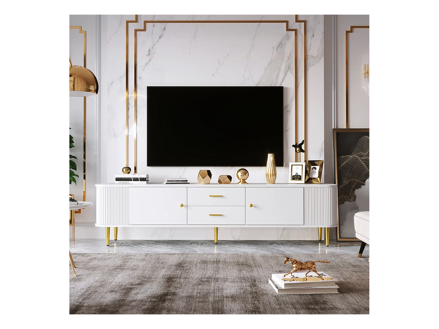 Meuble TV avec 2 tiroirs et 2 portes, design élégant avec coins arrondis, MDF, blanc (170x34x45cm)