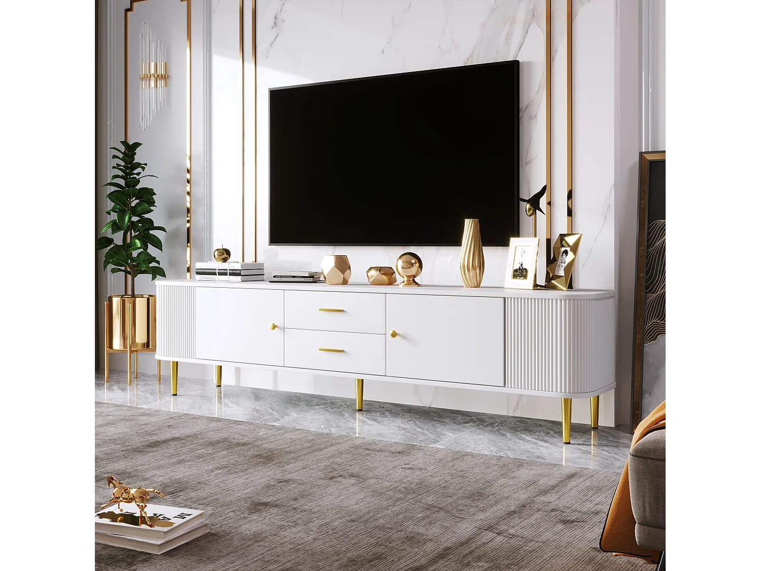 Meuble TV avec 2 tiroirs et 2 portes, design élégant avec coins arrondis, MDF, blanc (170x34x45cm)