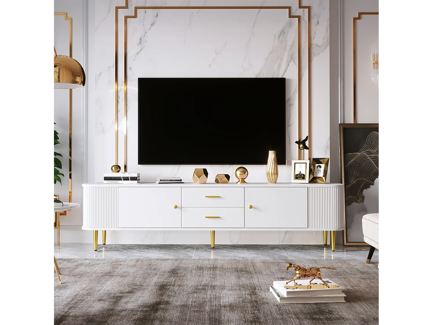 Meuble TV avec 2 tiroirs et 2 portes, design élégant avec coins arrondis, MDF, blanc (170x34x45cm)