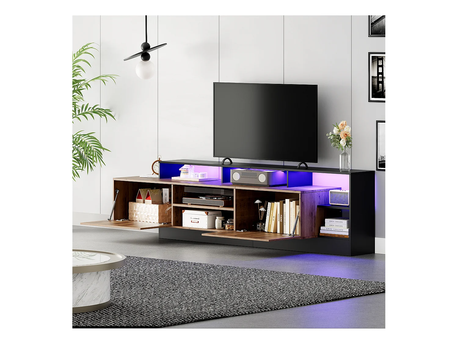 Meuble TV moderne pour téléviseurs jusqu'à 70 pouces, espace de rangement ouvert avec éclairage LED, bois naturel et cadre noir (190x40x48.5 cm)