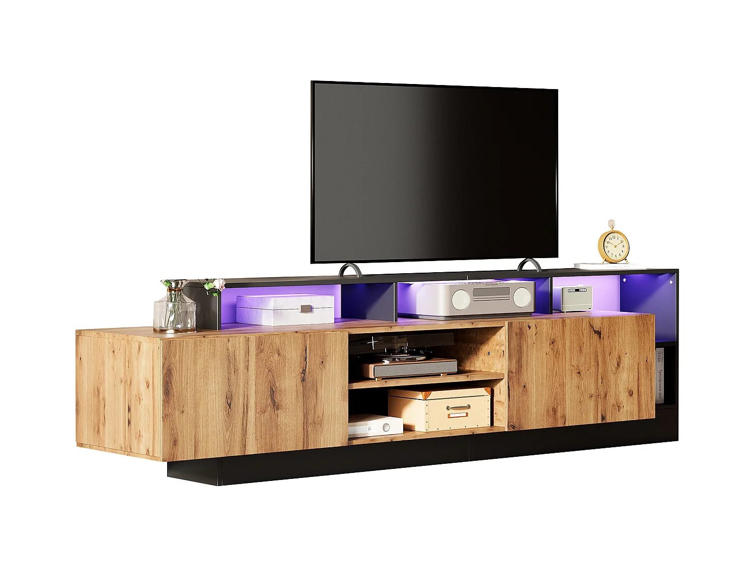 Meuble TV moderne pour téléviseurs jusqu'à 70 pouces, espace de rangement ouvert avec éclairage LED, bois naturel et cadre noir (190x40x48.5 cm)