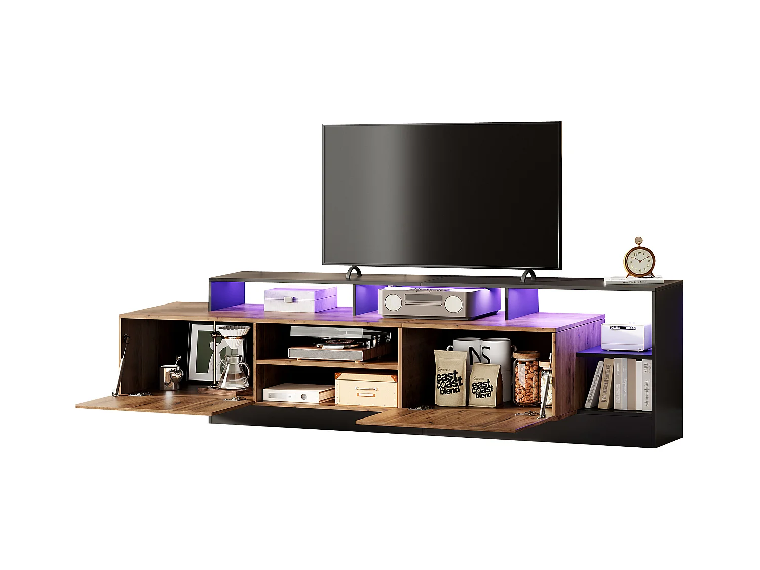 Meuble TV moderne pour téléviseurs jusqu'à 70 pouces, espace de rangement ouvert avec éclairage LED, bois naturel et cadre noir (190x40x48.5 cm)