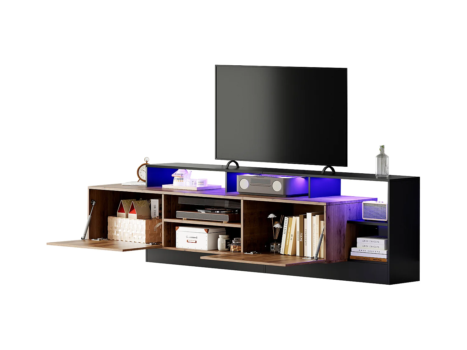 Meuble TV moderne pour téléviseurs jusqu'à 70 pouces, espace de rangement ouvert avec éclairage LED, bois naturel et cadre noir (190x40x48.5 cm)