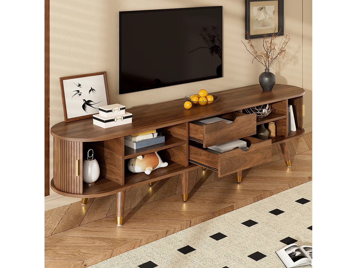 Mueble de TV de 175 cm con puerta corredera de ratán, acabado nogal, cajones y mueble (175 x 38 x 45 cm)