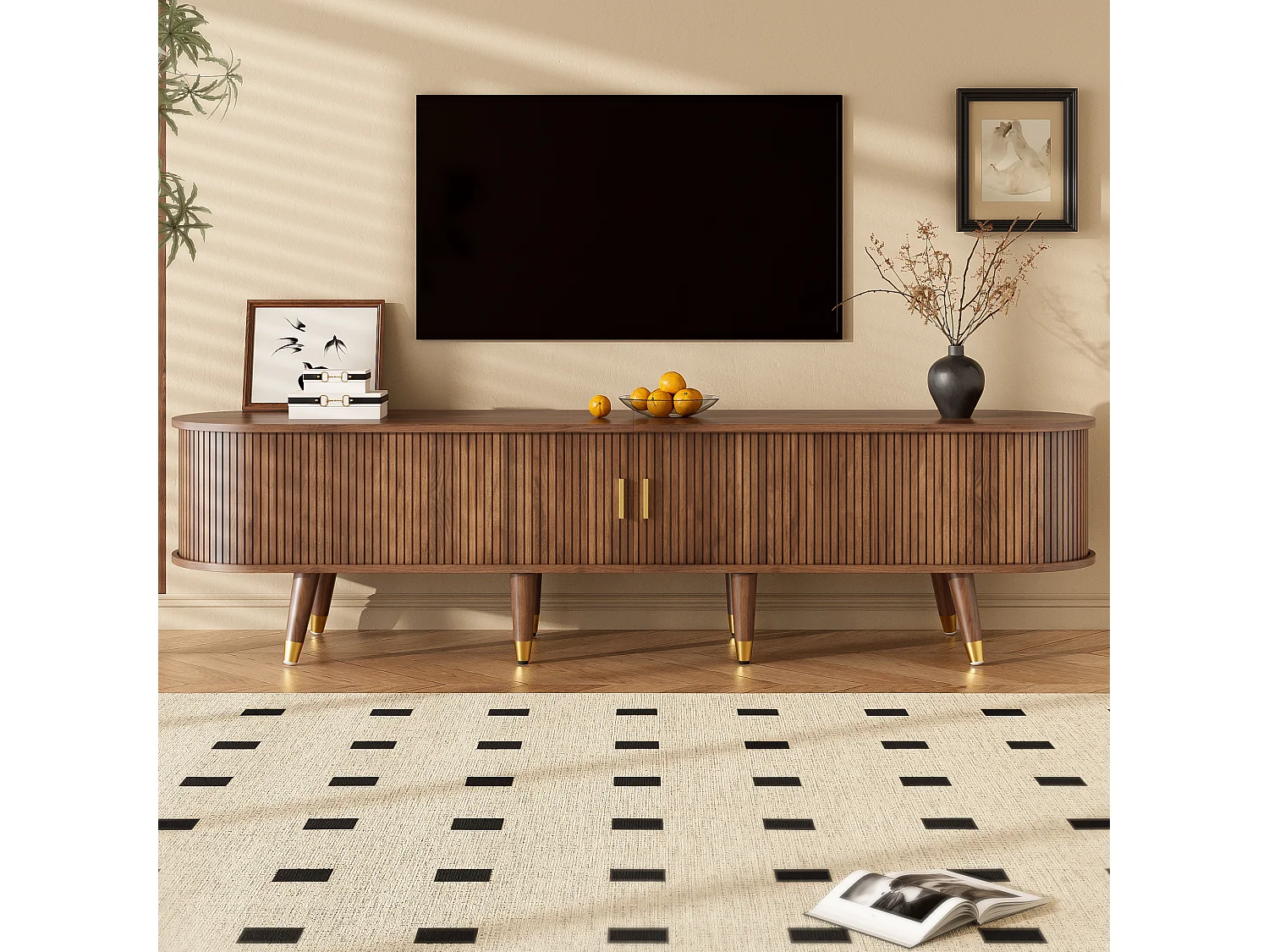 Mueble de TV de 175 cm con puerta corredera de ratán, acabado nogal, cajones y mueble (175 x 38 x 45 cm)