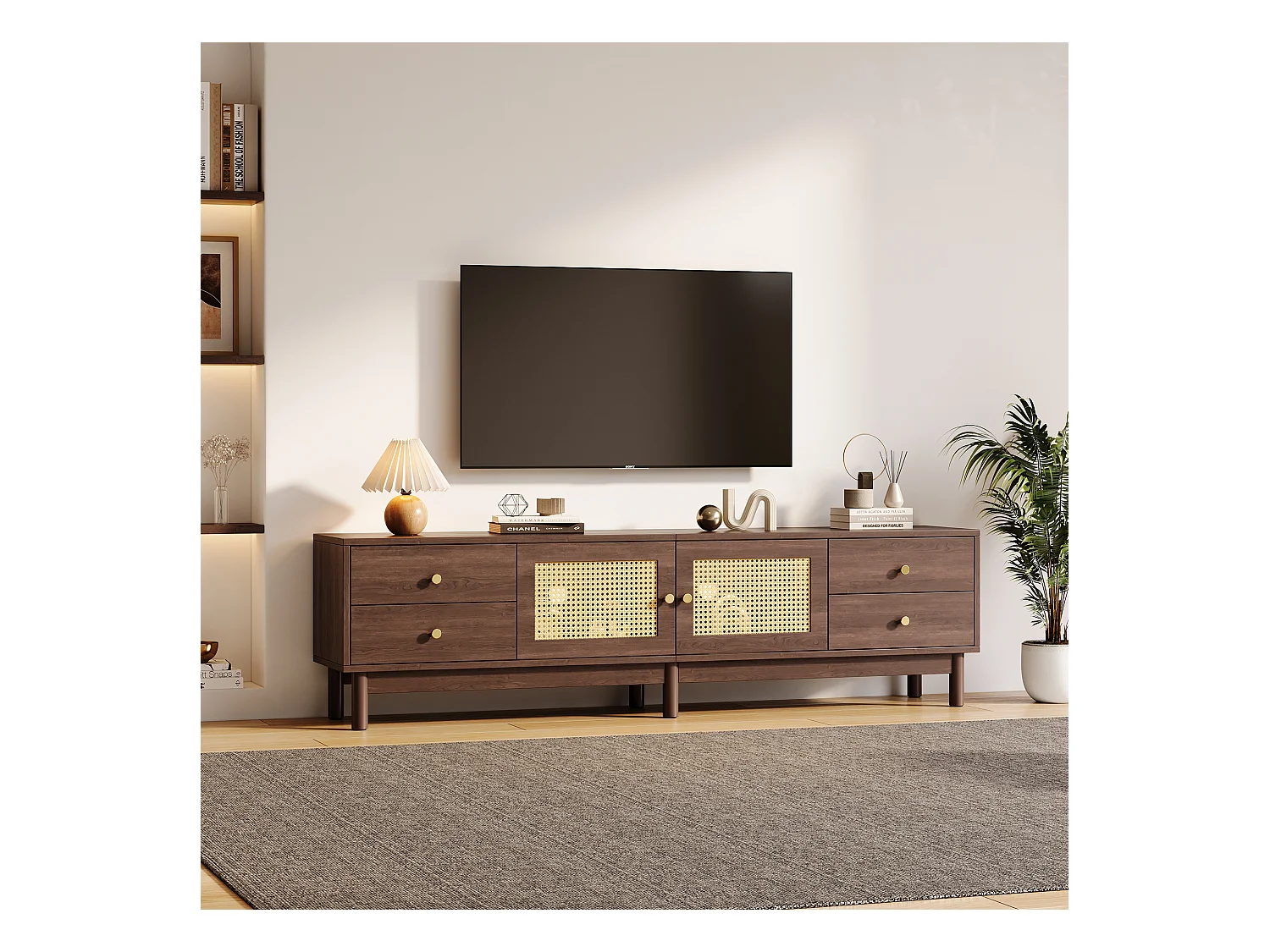 Meuble TV en bois sombre avec 2 portes en rotin, 4 tiroirs et gestion des câbles, pour TV jusqu'à 80 pouces (180x35x44 cm)