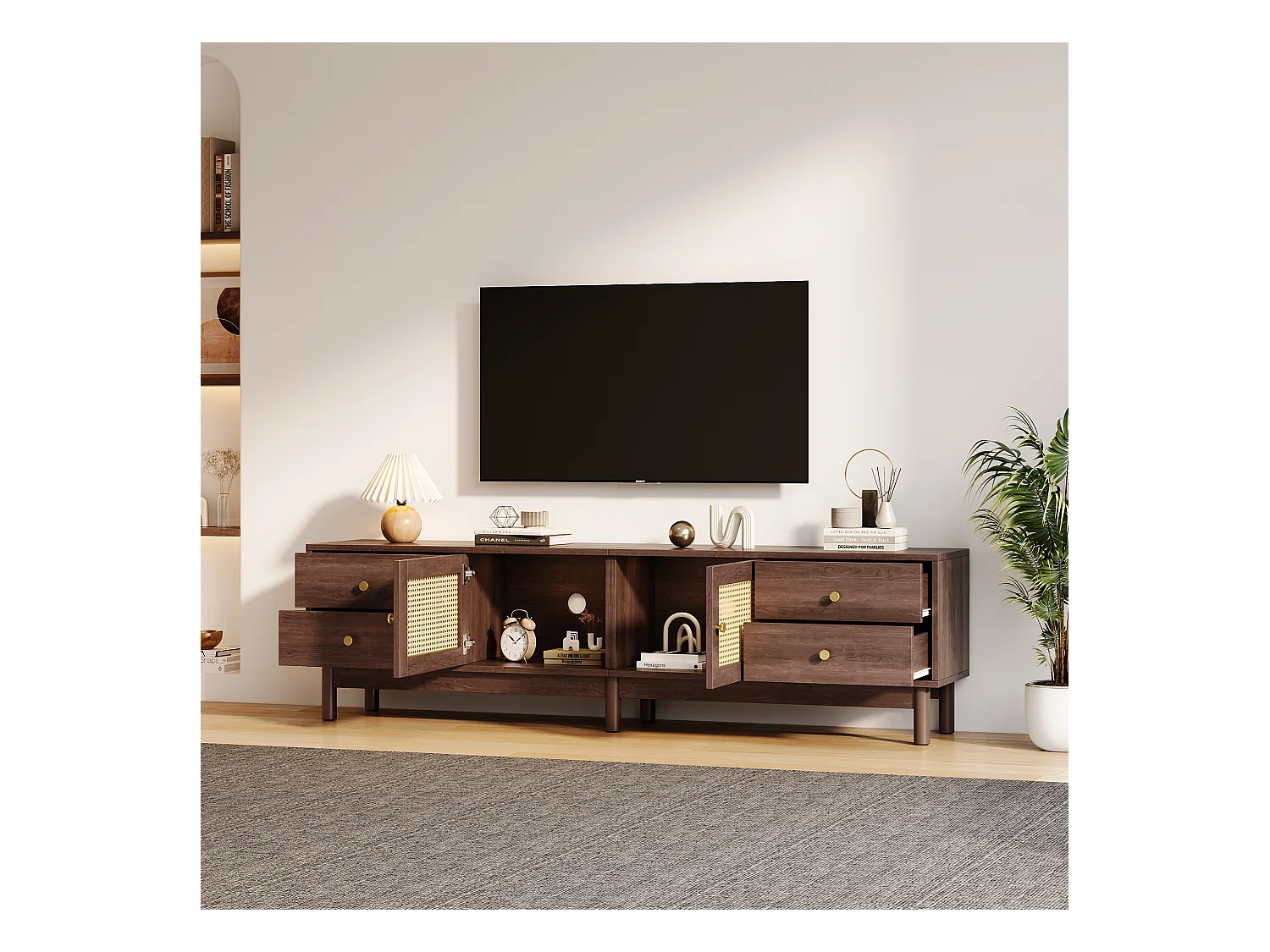 Meuble TV en bois sombre avec 2 portes en rotin, 4 tiroirs et gestion des câbles, pour TV jusqu'à 80 pouces (180x35x44 cm)