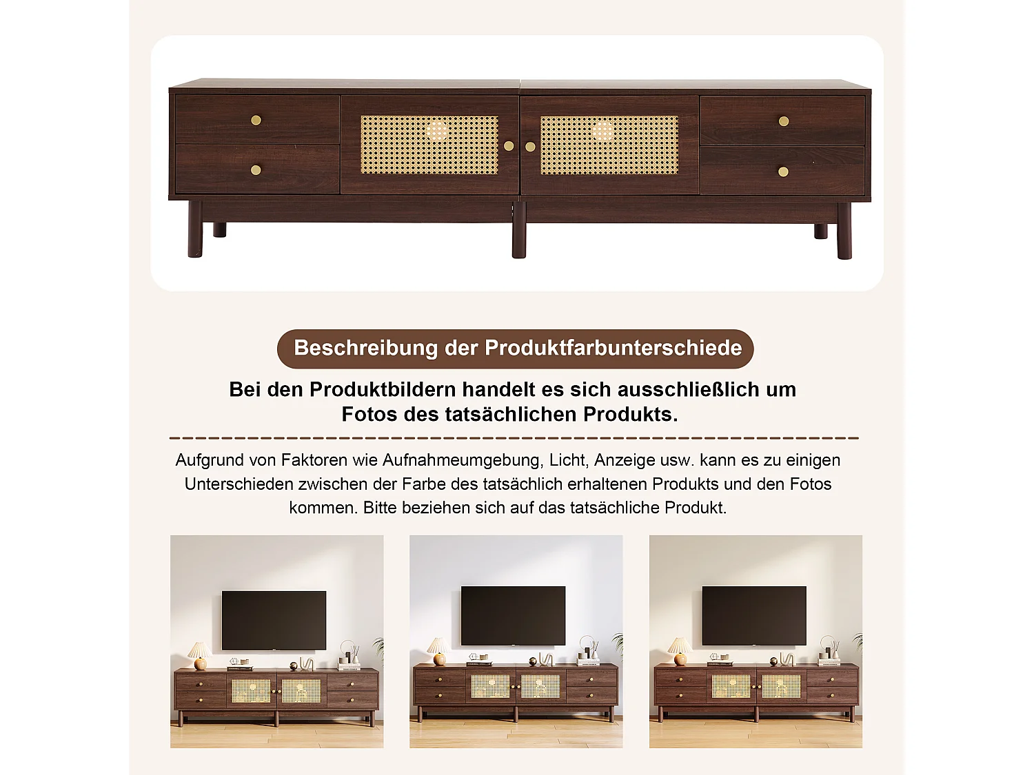 Meuble TV en bois sombre avec 2 portes en rotin, 4 tiroirs et gestion des câbles, pour TV jusqu'à 80 pouces (180x35x44 cm)
