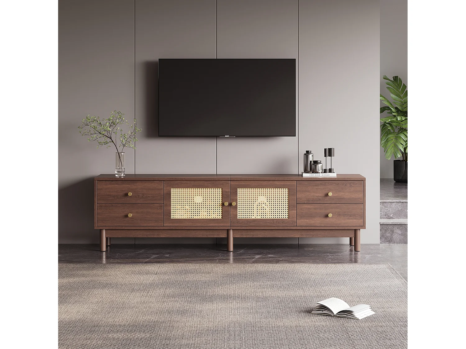 Meuble TV en bois sombre avec 2 portes en rotin, 4 tiroirs et gestion des câbles, pour TV jusqu'à 80 pouces (180x35x44 cm)