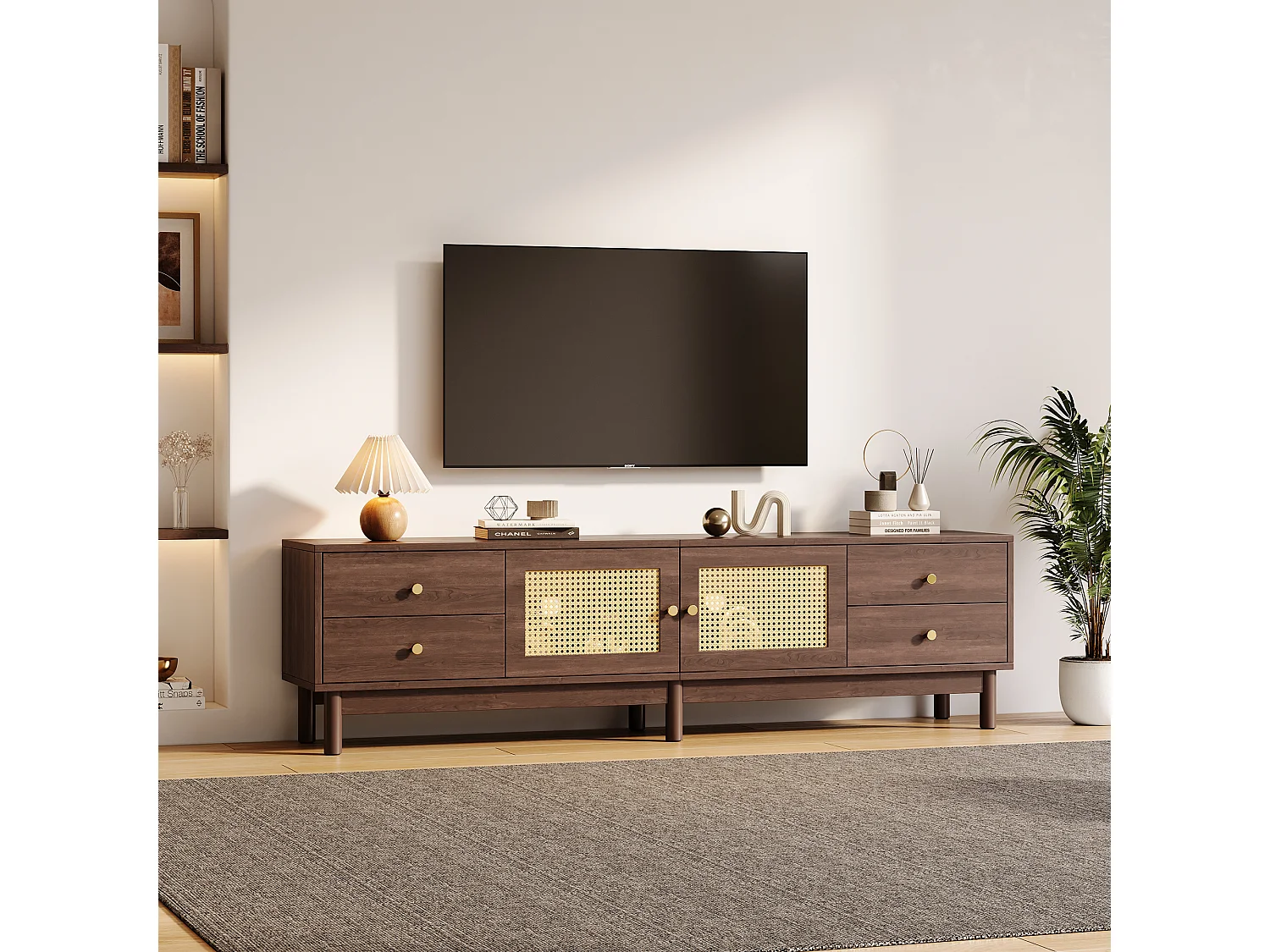 Meuble TV en bois sombre avec 2 portes en rotin, 4 tiroirs et gestion des câbles, pour TV jusqu'à 80 pouces (180x35x44 cm)
