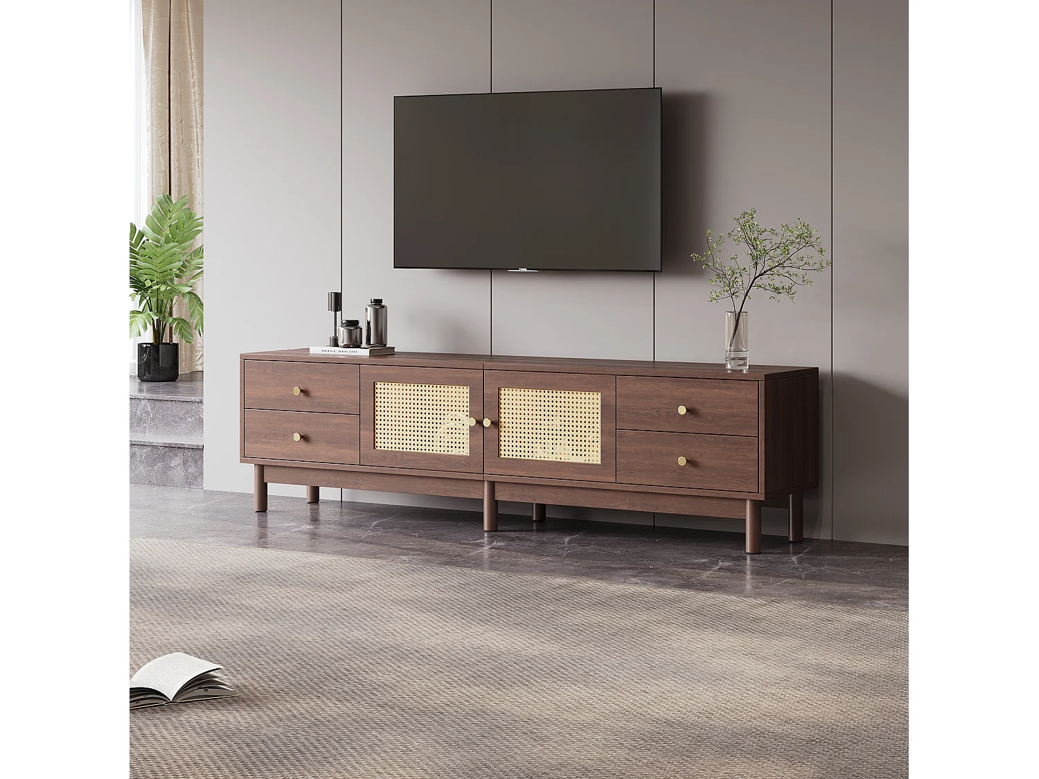 Meuble TV en bois sombre avec 2 portes en rotin, 4 tiroirs et gestion des câbles, pour TV jusqu'à 80 pouces (180x35x44 cm)