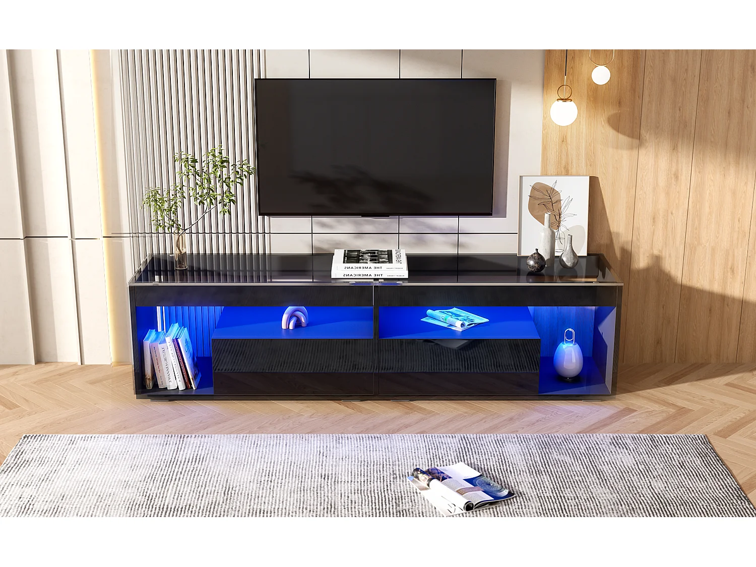 Meuble TV haut laqué avec LED, pour téléviseurs jusqu'à 70 pouces, avec 2 tiroirs, matériau en panneaux de particules, noir (180x40x46cm)