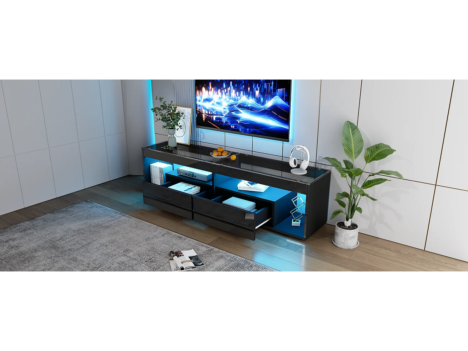 Meuble TV haut laqué avec LED, pour téléviseurs jusqu'à 70 pouces, avec 2 tiroirs, matériau en panneaux de particules, noir (180x40x46cm)