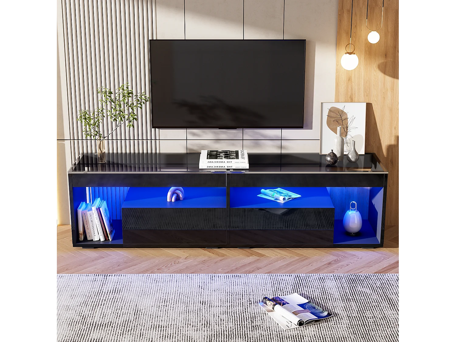 Meuble TV haut laqué avec LED, pour téléviseurs jusqu'à 70 pouces, avec 2 tiroirs, matériau en panneaux de particules, noir (180x40x46cm)