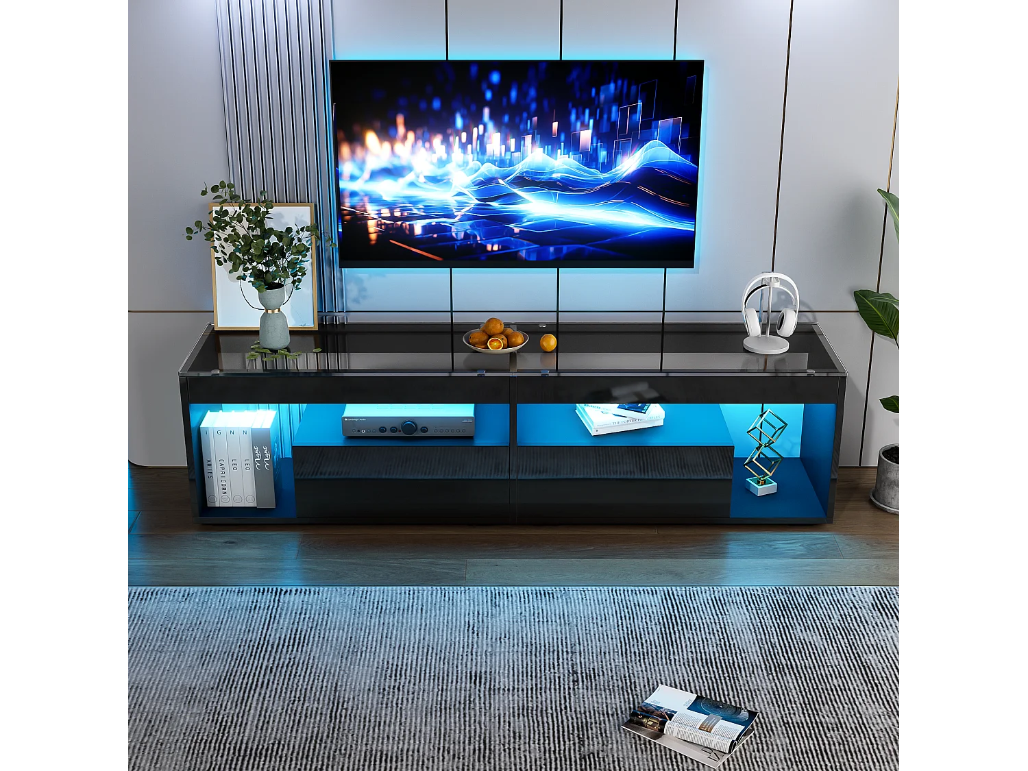 Meuble TV haut laqué avec LED, pour téléviseurs jusqu'à 70 pouces, avec 2 tiroirs, matériau en panneaux de particules, noir (180x40x46cm)