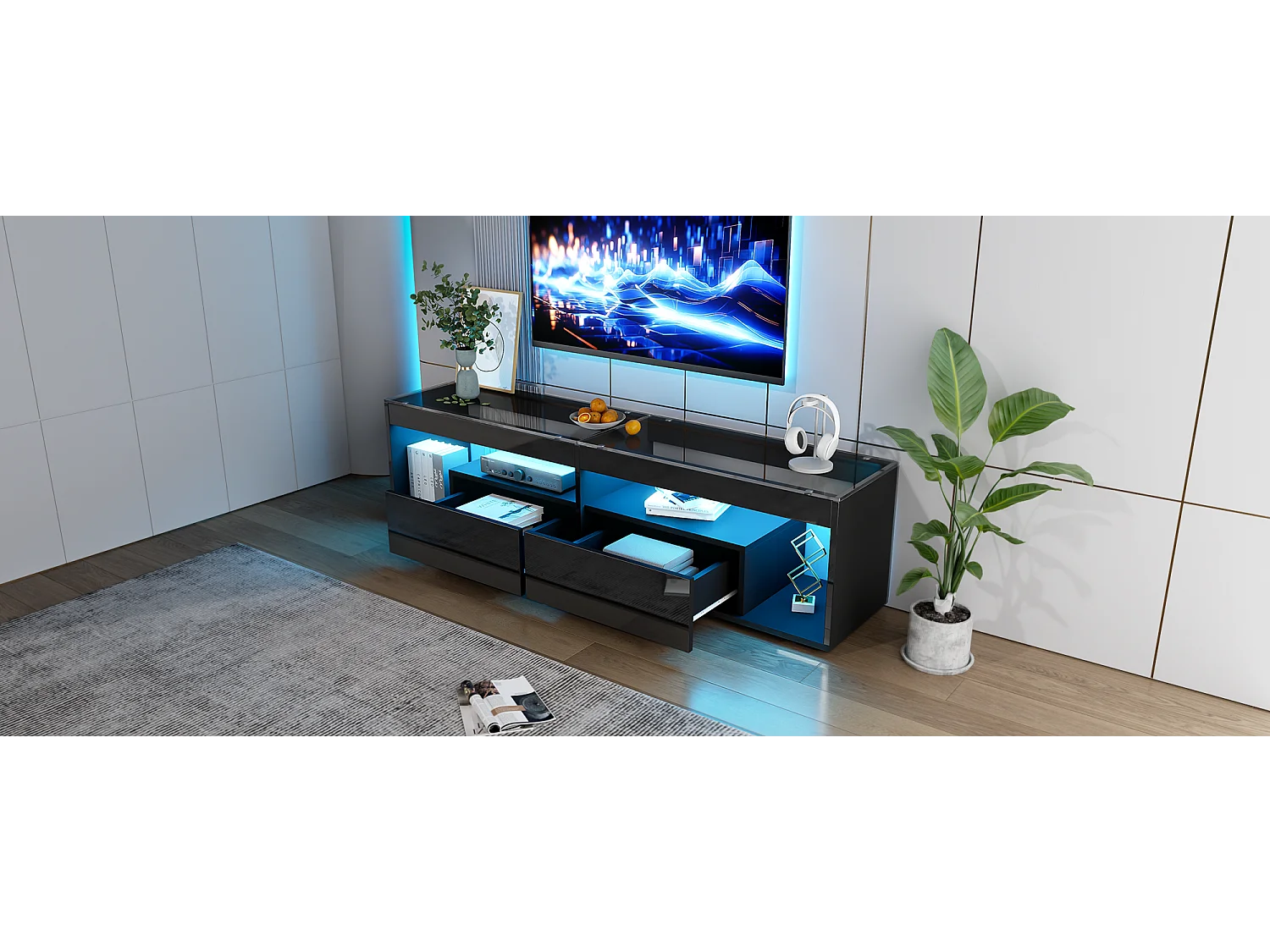 Meuble TV haut laqué avec LED, pour téléviseurs jusqu'à 70 pouces, avec 2 tiroirs, matériau en panneaux de particules, noir (180x40x46cm)