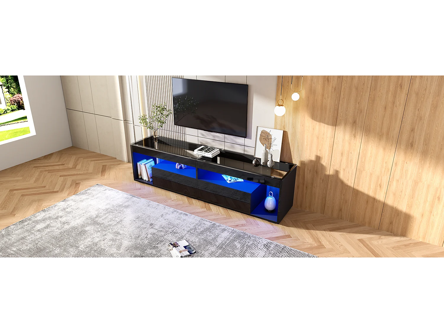 Meuble TV haut laqué avec LED, pour téléviseurs jusqu'à 70 pouces, avec 2 tiroirs, matériau en panneaux de particules, noir (180x40x46cm)