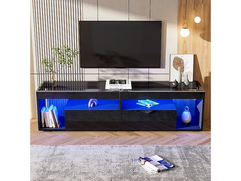 Mobile TV alto laccato con LED, per TV fino a 70 pollici, con 2 cassetti, materiale truciolare, nero (180x40x46cm)