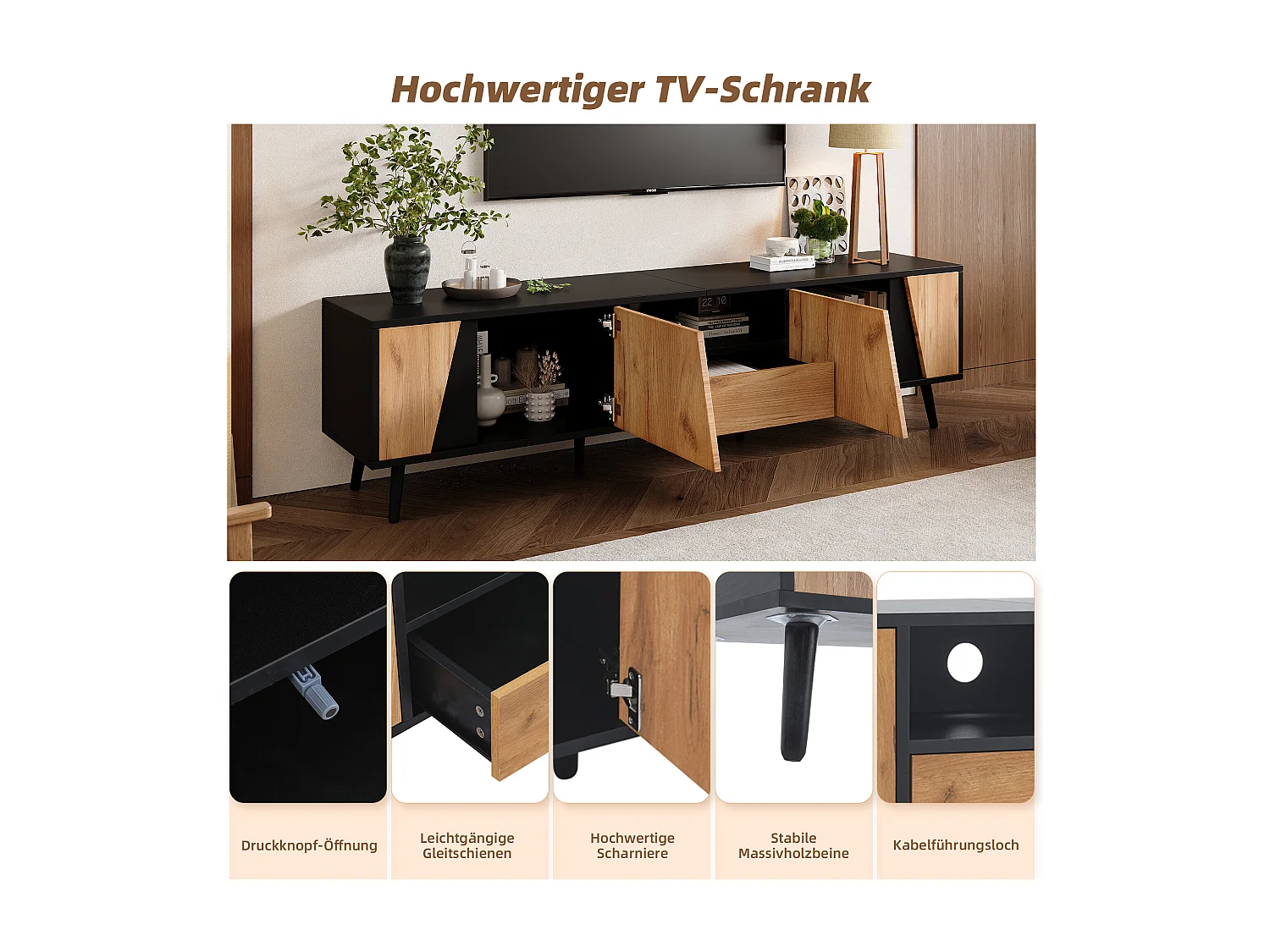 Meuble TV 180cm avec 2 Armoires, 1 Tiroir, Design Minimaliste avec Pieds en Bois Massif, Compatible 75 pouces (180x40x46cm)