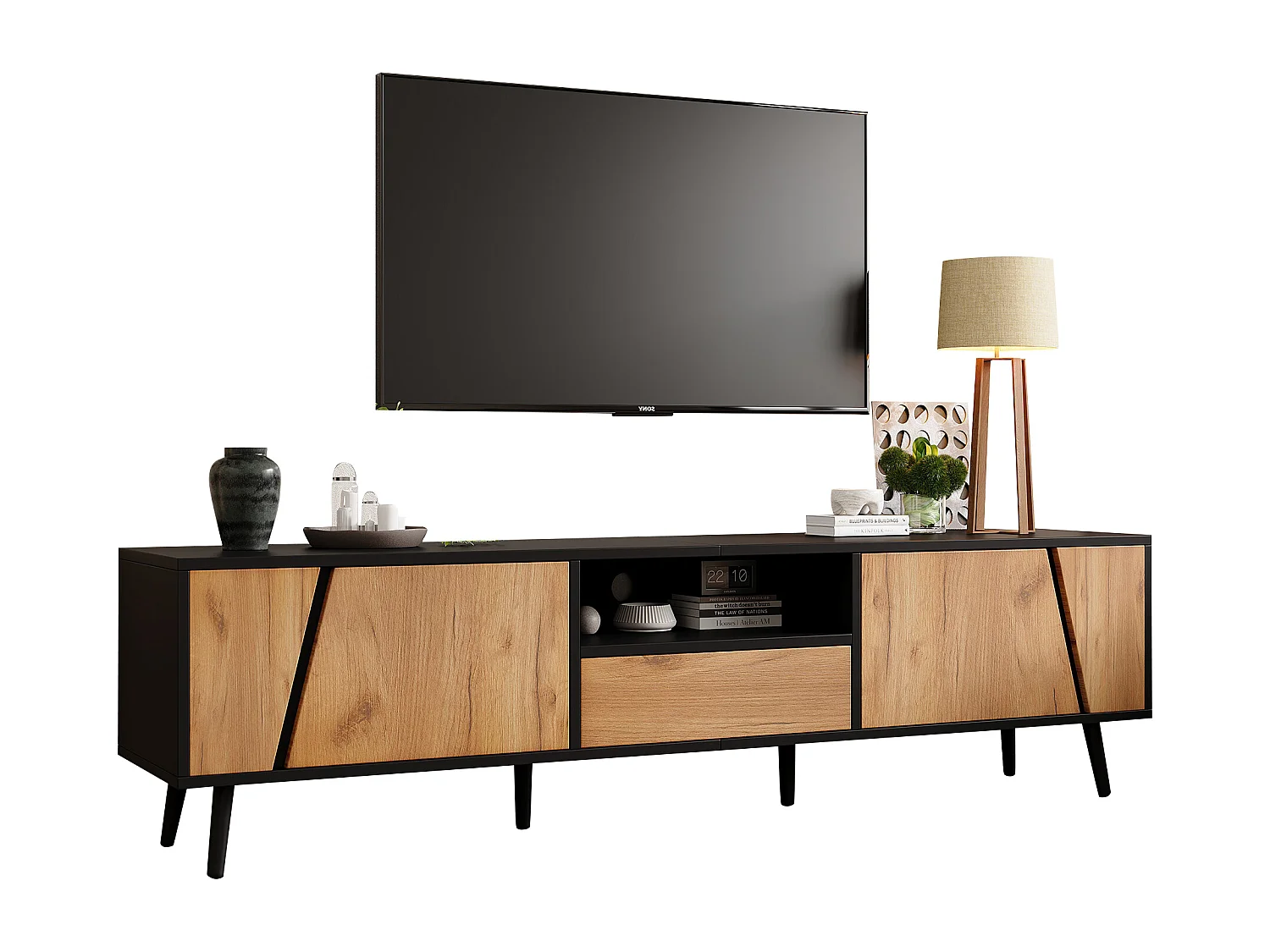 Meuble TV 180cm avec 2 Armoires, 1 Tiroir, Design Minimaliste avec Pieds en Bois Massif, Compatible 75 pouces (180x40x46cm)