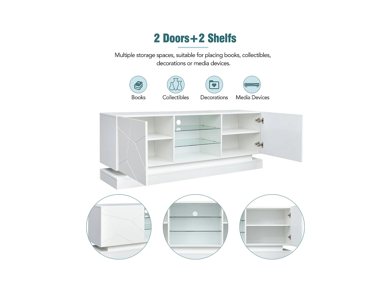 Meuble TV blanc mat avec étagère en verre ajustable, pour TV jusqu'à 70 pouces, rangement pratique avec charnières silencieuses (160x38.5x60cm)